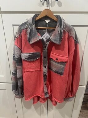 NWT POL oversized Coral and Gray Two-Tone Distressed Shacket size M